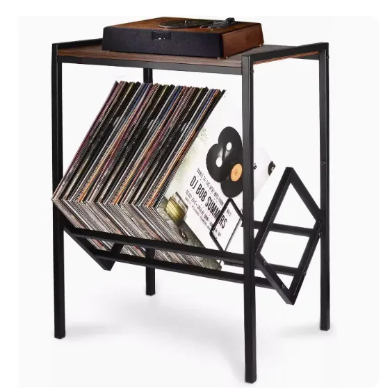 Metal Iron Wood Phonograph Storage Rack Vintage Vinyl Cabinet Shelf Record Player Stand