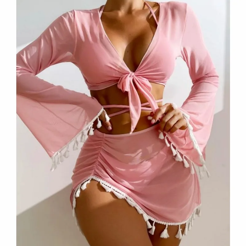 Pure Pink Fringe Bikini Four-Piece Swimsuit For Women Long Sleeve Summer Beachwear Cover-Up Dress Sexy And Stylish