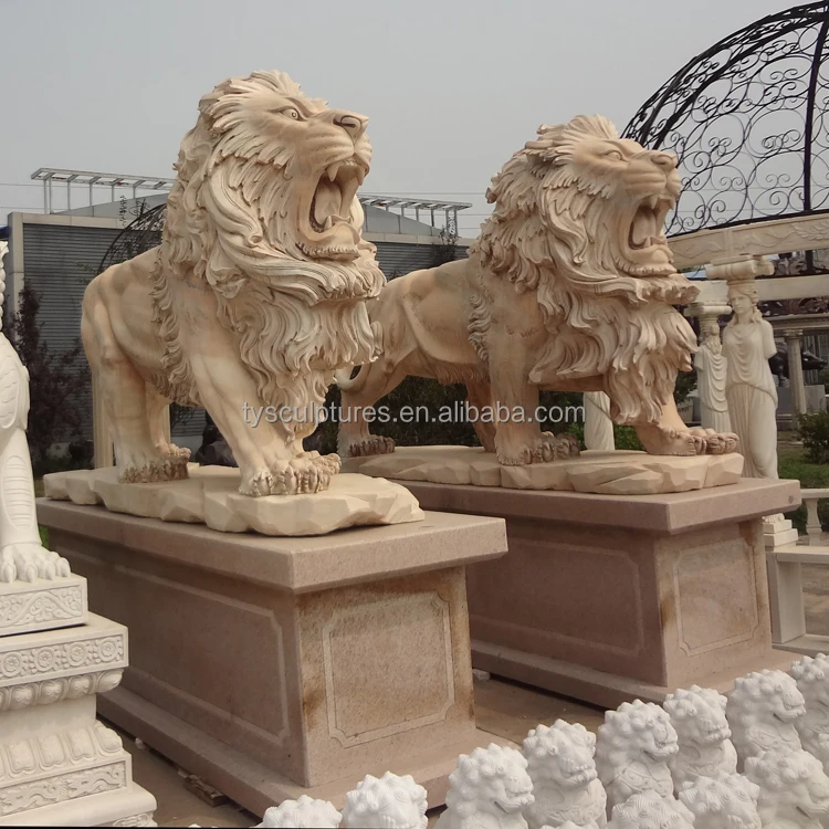Life size sunset red marble carved garden stone lion sculpture for outdoor gate decoration