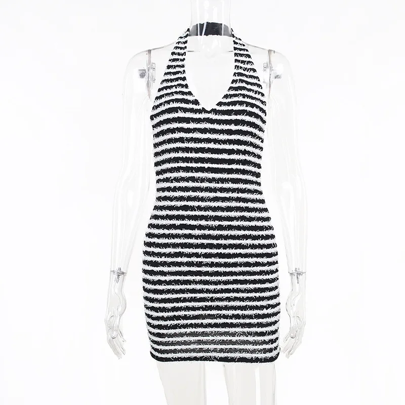 Black White Striped Dress Halter Sleeveless Mini Tight Dress Sexy Open Back Dresses