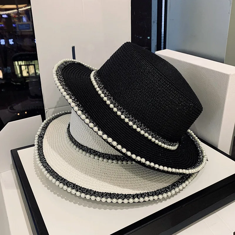 Wholesale summer flat top fashion sun hat luxury pearl jazz female straw hat outdoor travel UV protection beach hat