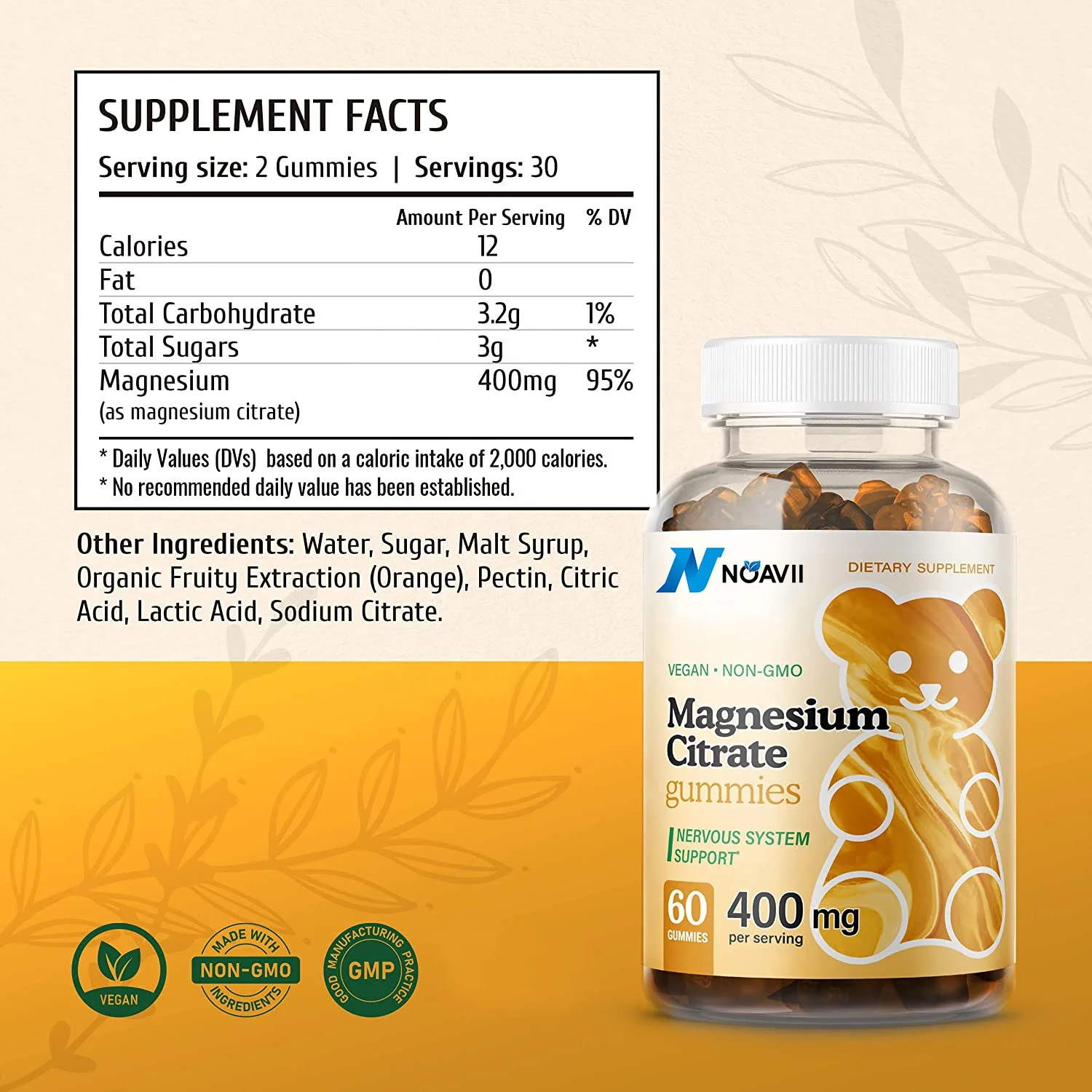 Magnesium Citrate Gummies Daily Dietary Supplement to Support Bones Muscle Function&Cognition Natural Sleep Aid Energy Booster