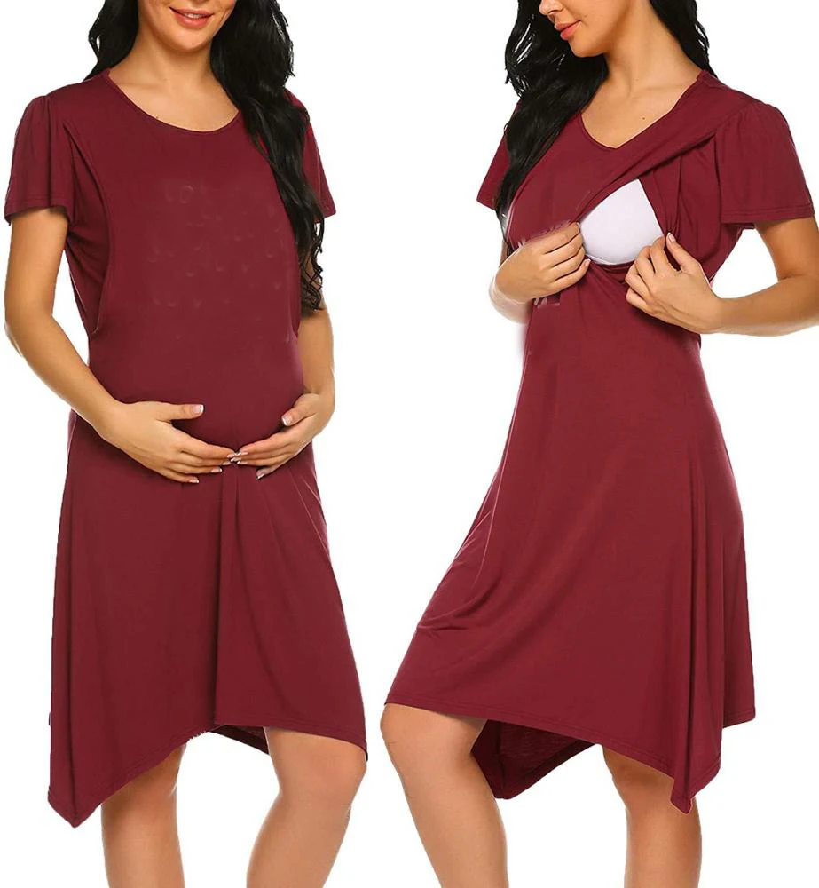 OEM women fashion print round neck short sleeve irregular hem breastfeeding dresses maternity outerwear maternity nursing dress