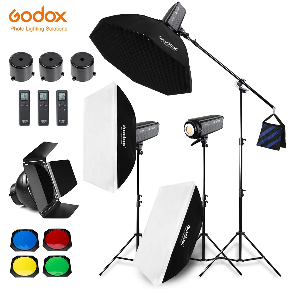 600W Godox SL-200W 3x 200w Continuous Light Studio LED Light With Soft box Stand Honeycomb Grid Boom Arm