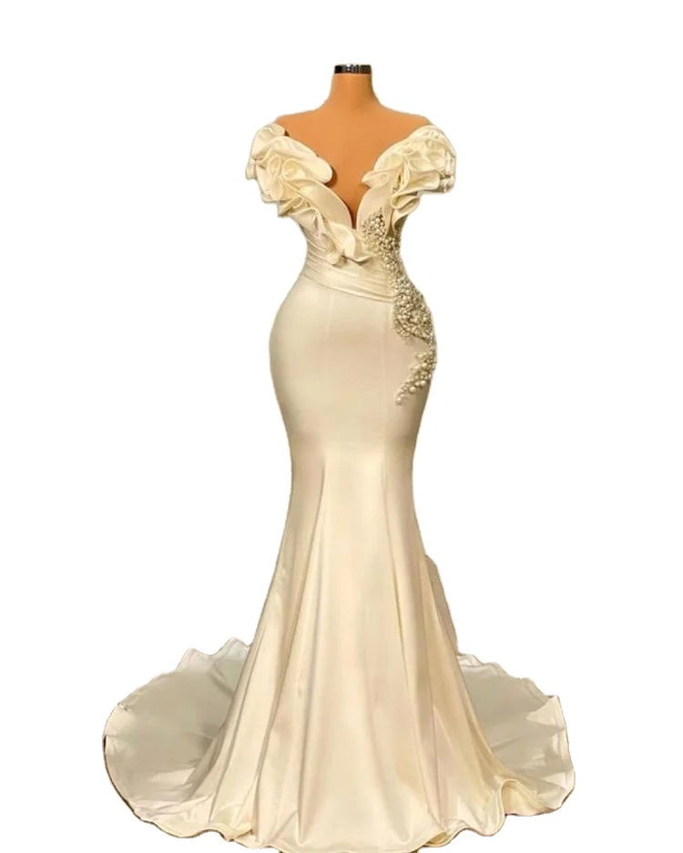 Designer Mermaid Wedding Dresses 2023 Vestidos De Novia V Neck Pearls Beaded Ruffle Elegant