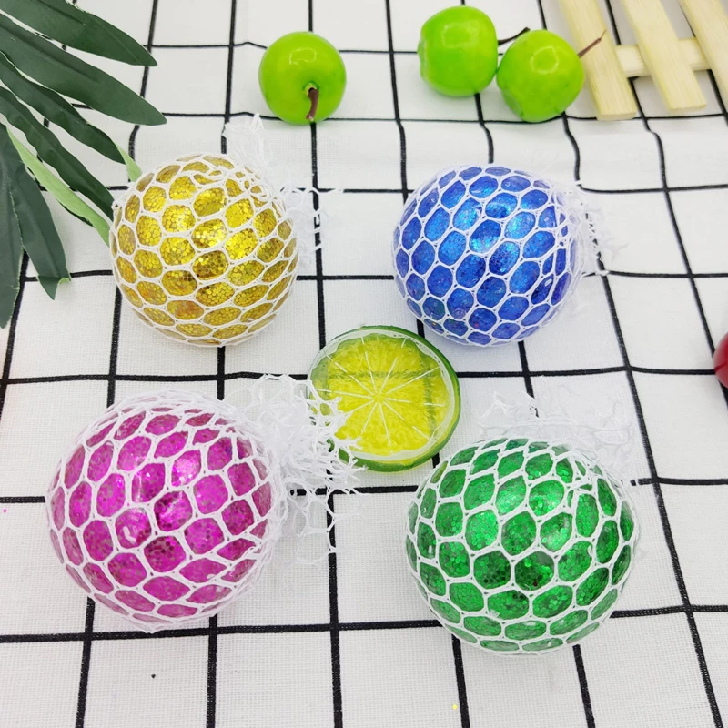 6.0CM Sequin TPR Gold powder Grape Ball Custom Kids Mesh Water Beads Vent Grape Toy Fidget Stress Ball