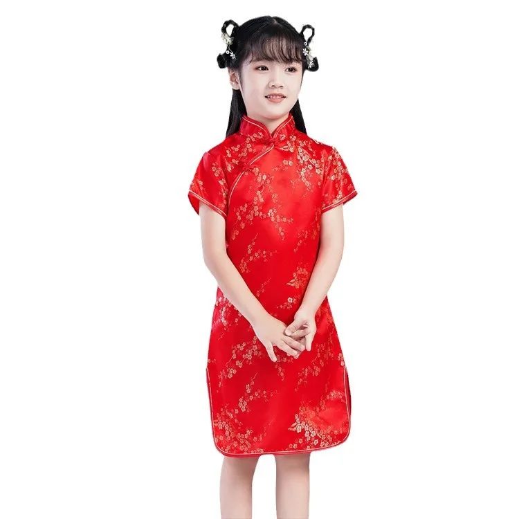 Chinese Traditional Costumes Girls Dress Cheongsams Qipao Short-sleeved Floral Traditional Chinese Clothing for girls QP-001