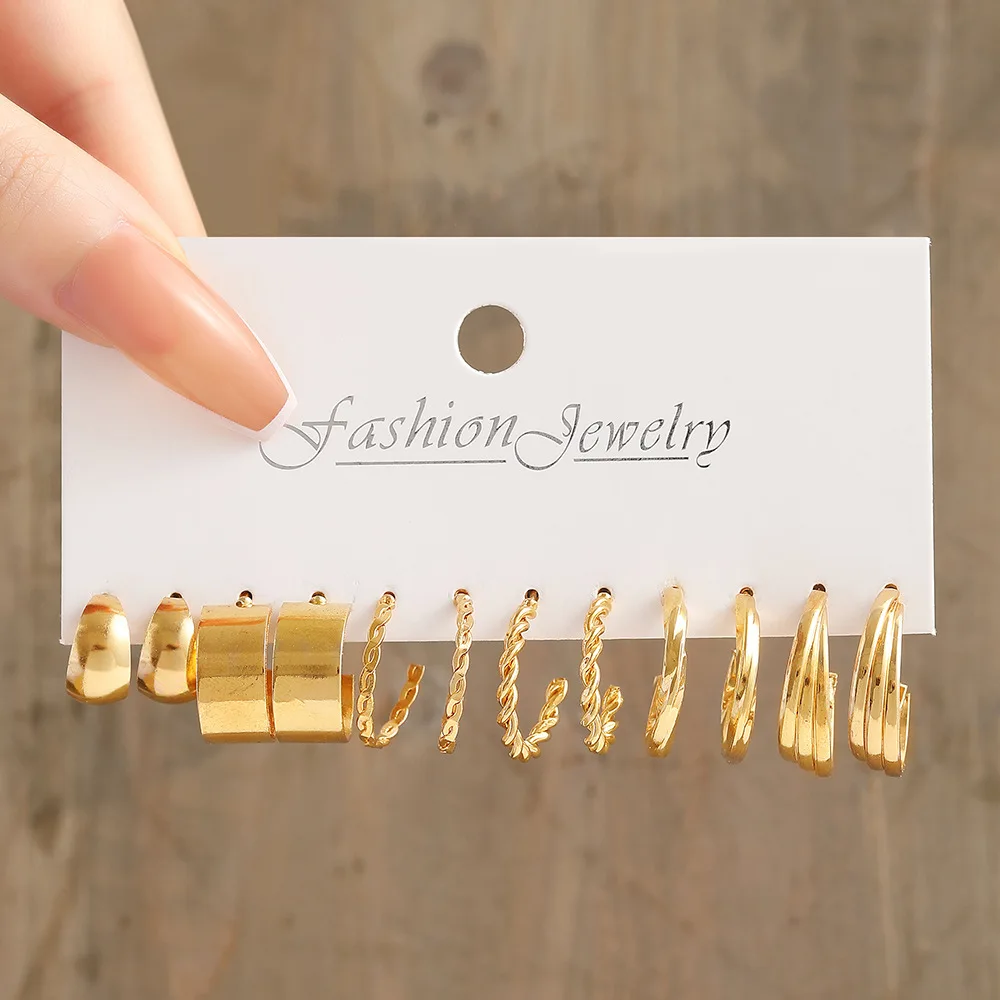 Custom Gold Statement Hoop Earrings C Shape Chain Twisted Loop 6 Pairs Earrings Kit