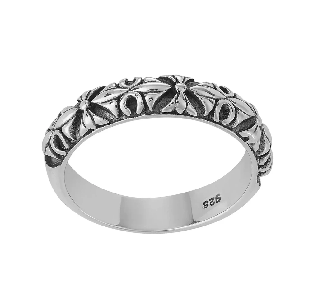 Customized  Adjustable 925 sterling silver hand carved flower engraving custom ring with gemstone