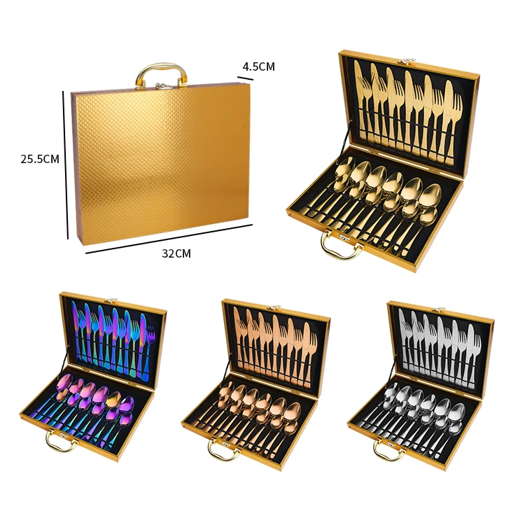 Stainless Steel Gold Travel Luxury Kitchen Custom Wedding Box Packaging Cutlery Set 24Pcs