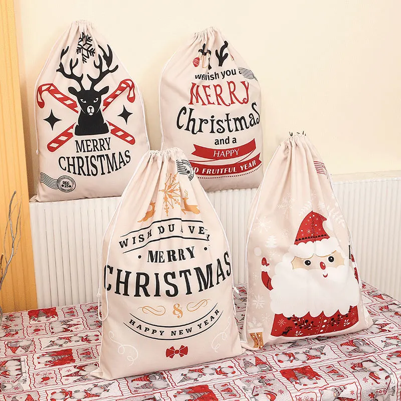 Large Christmas Bags Drawstring Canvas Christmas Gifts Santa Sack Bags DIY Reusable Burlap Xmas Gift Bags with Drawstring