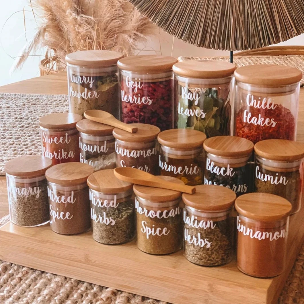 Home Kitchen  Premium Quality  Custom Size Glass Spice Jars Set With Bamboo Lid