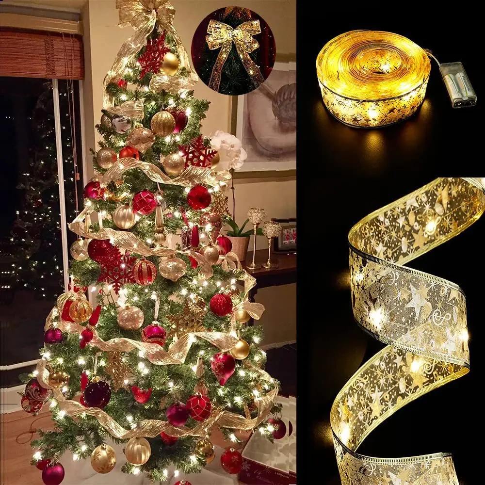 1m 2m 5m Gold Silver Christmas tree decoration ribbon string lights Lights Ribbon Bows Lights for Party Weddings Bronzing Ribbon