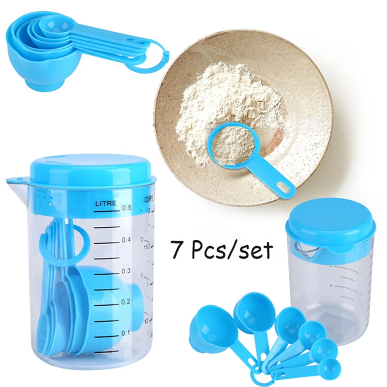 7PCS/Set Plastic Measuring Cups Tea Coffee Flour Spoon With Scale 500ml Kitchen Baking
