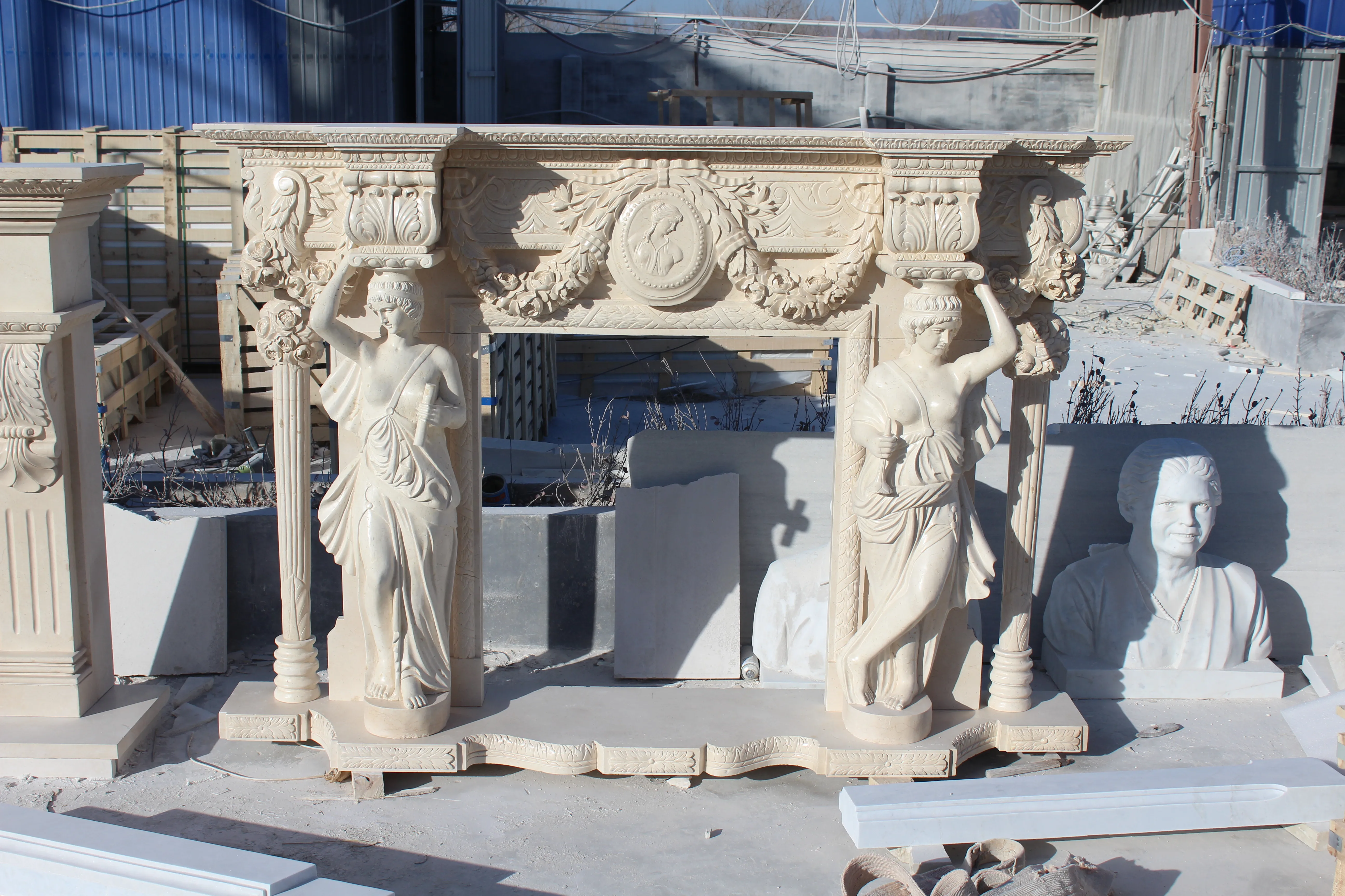 Hand Carved Figures Stone Simple Style Art Craft Natural Marble Fireplace
