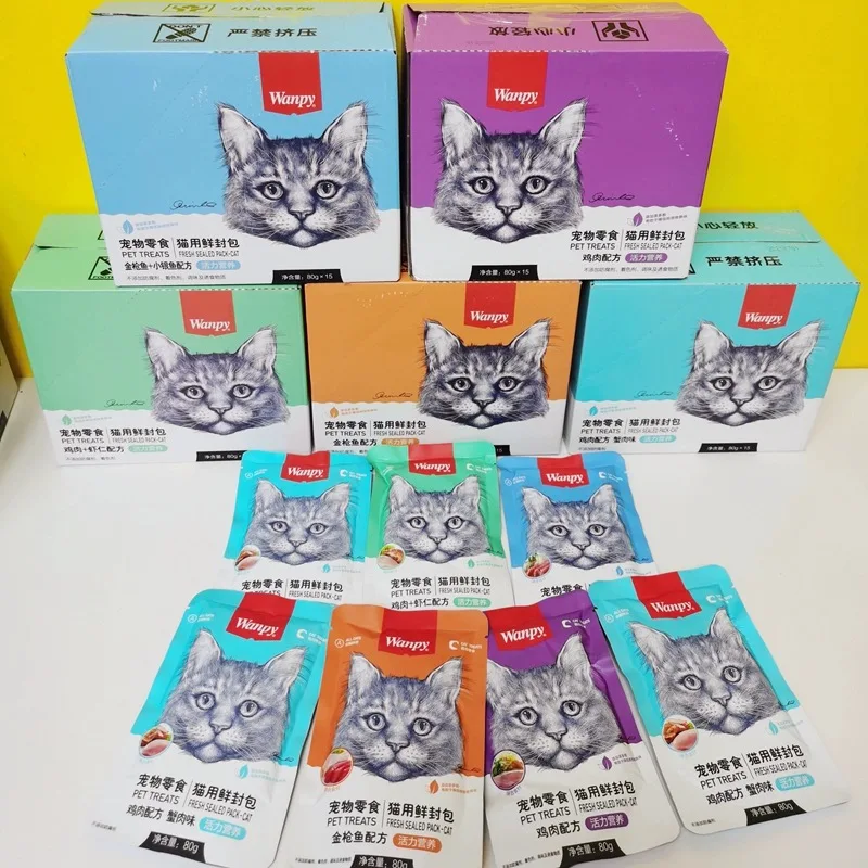 Wanpy Pet Snack Cat (Vital Nutrition) Fresh Package  7 Flavor Cat Treats Cat Food 80g