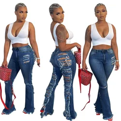 Wholesale Manufacture Woman Boyfriend Denim Pants hole tassel flare Women Jeans