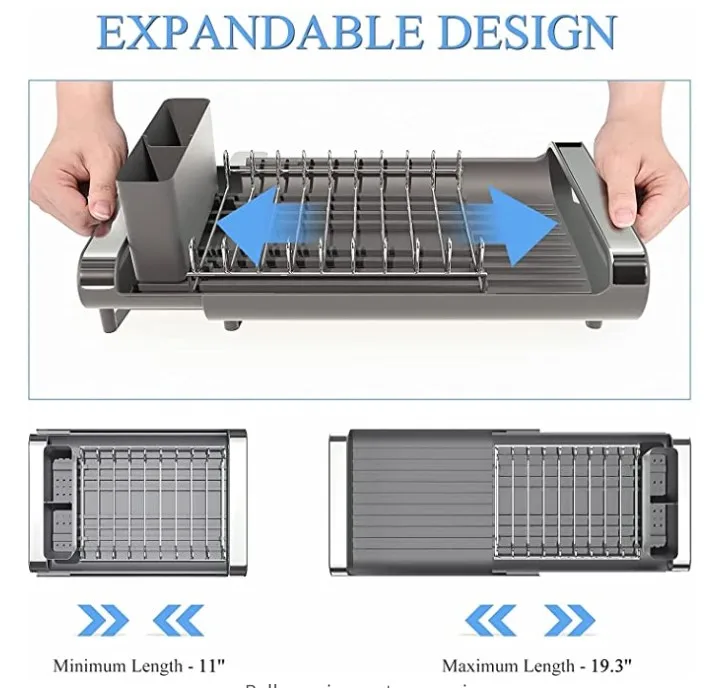 Dish Drying Rack Small Compact Extendable in Sink Plastic and Steel, Dish Racks Expandable Rustproof Dish Drainer Non-Slip Feet