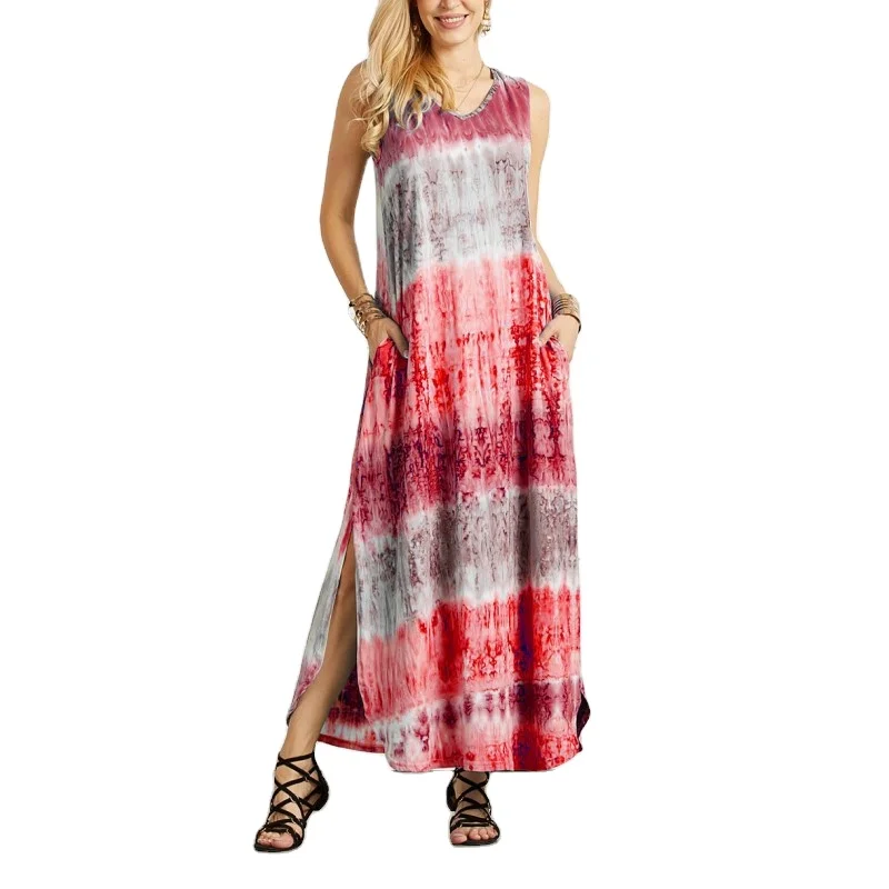 Summer Long Bohemian Lady Sleeveless Loose Boho Dress With Pockets Maxi Beach Dresses Casual Women Clothing