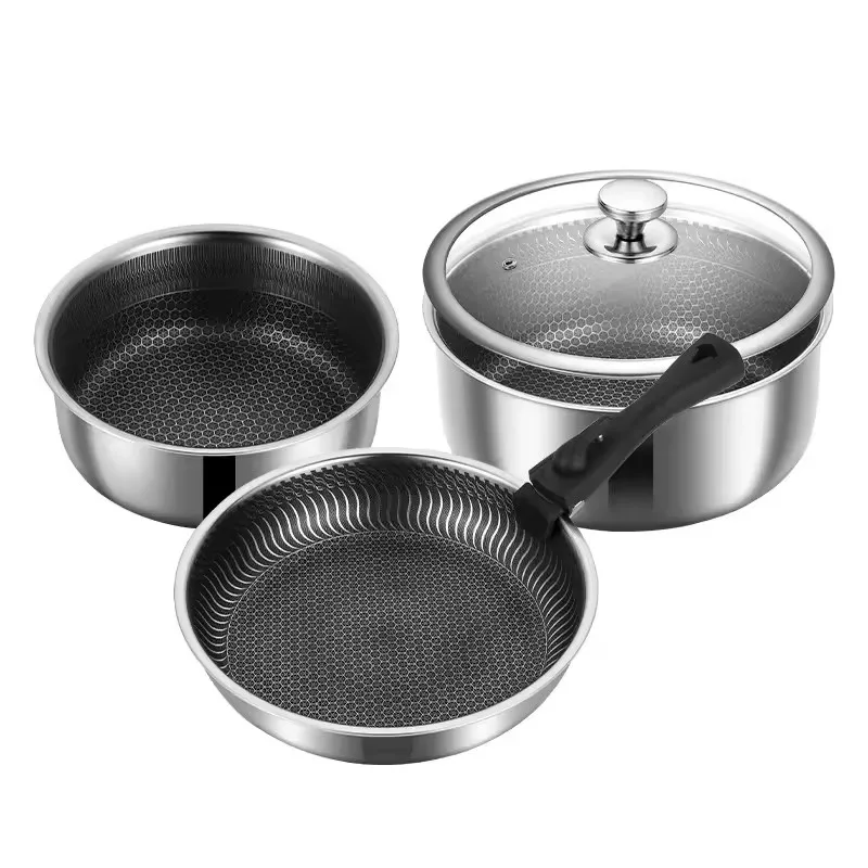 MYH Set of 3 Stainless Steel Pot Sets With Removable Handle Honeycomb Non Stick Cookware Set Glass Lid For Kitchen Restaurant