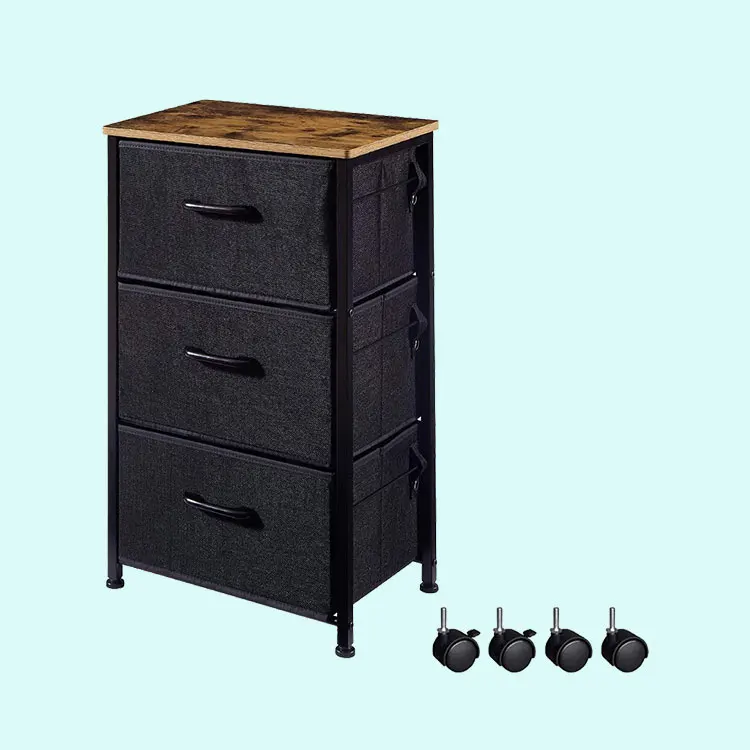 
No.3306R Night Stand Table with 3 Fabric drawers Dresser Chest Sturdy Side End Table with Wheels 