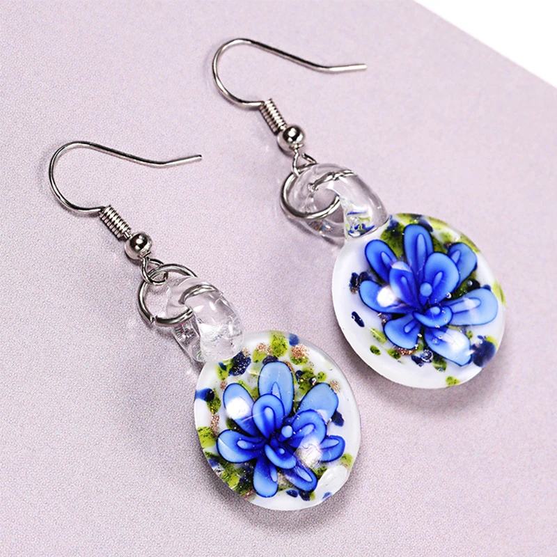 New style Millefiori Inspiration Lampwork Flower Italy Murano Glass Flat Ball Earrings Craft Jewelry Wholesale BHQ030