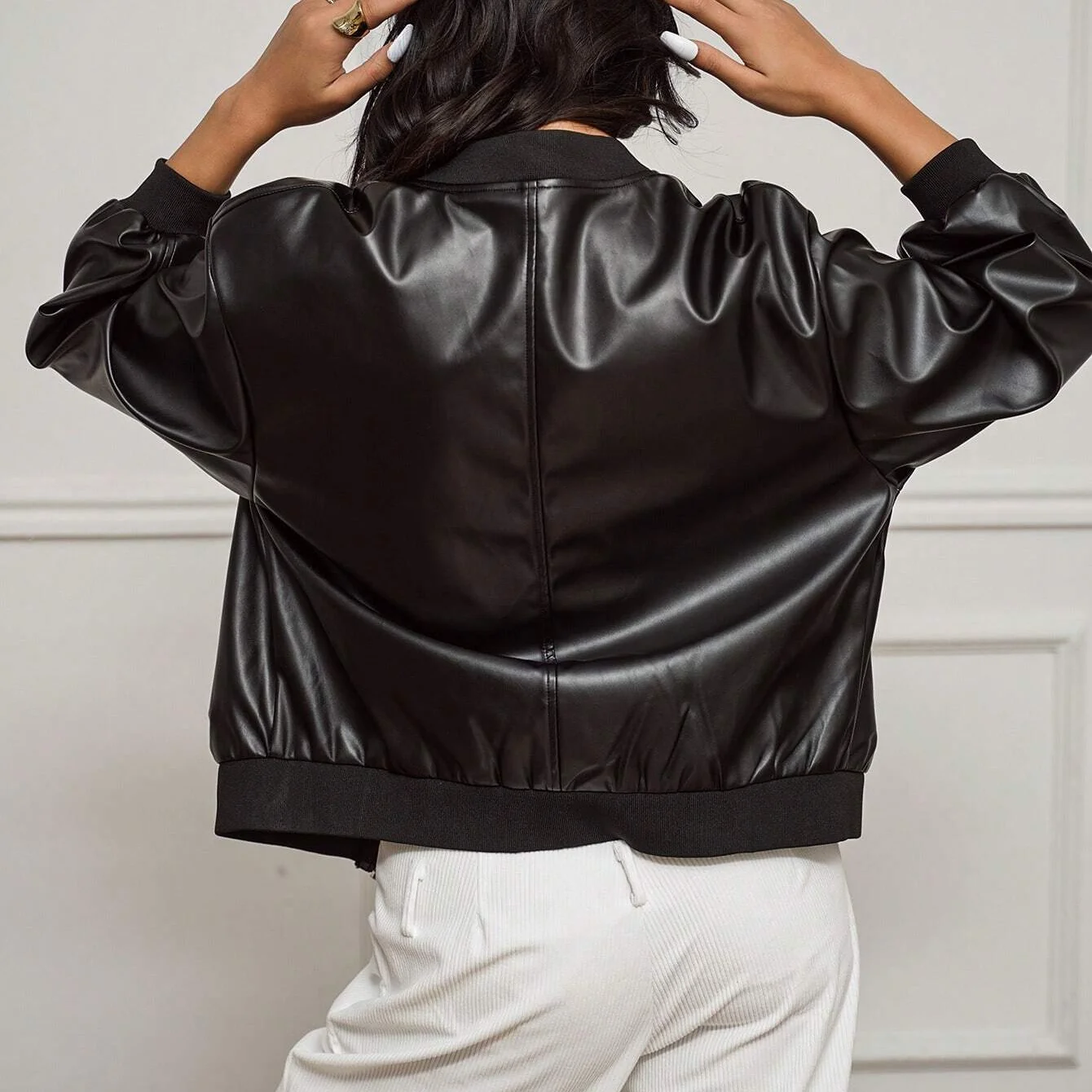 Street Wear Ladies Casual Drop Shoulder Zip Up Motorcycle PU Leather Jacket