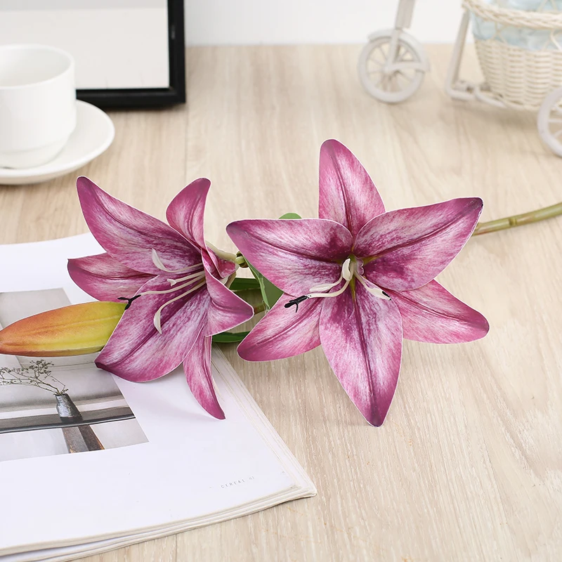 H168 wholesale artificial 3 flowers lily plastic lilium bouquet for decoration