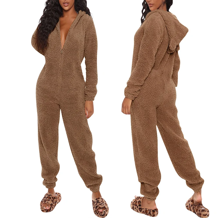 Solid Color Sherpa Cute Hooded Romper Lounge Furry  Plus Size Pajamas Womens Teddy Fuzzy Bear For Adults