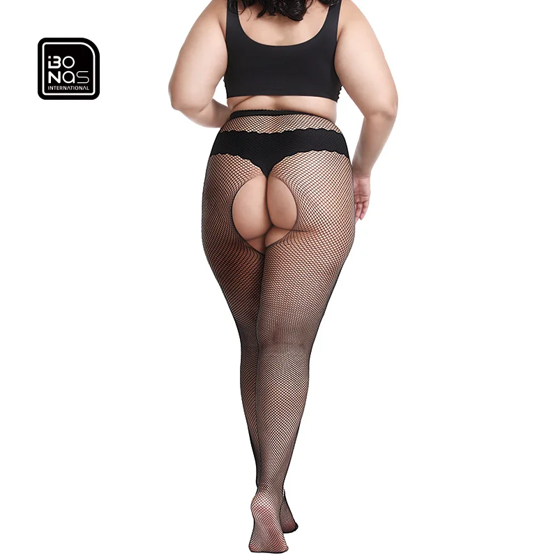 Bonas Women Sexy Suspender Open Crotch Black Stretchy Hollow Mesh Lingerie Stockings High Waist Lady Fishnet Tights Pantyhose