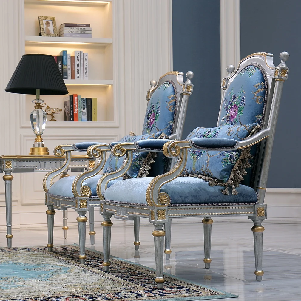 Royal wooden furniture luxury antique french style Velvet Fabric Upholstered Armchair for Living Room