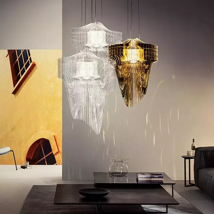 Modern Luxury Hotel Lobby Acrylic High Ceiling Crystal Decor Gold Led Chandelier Lamp Staircase Pendant Lights
