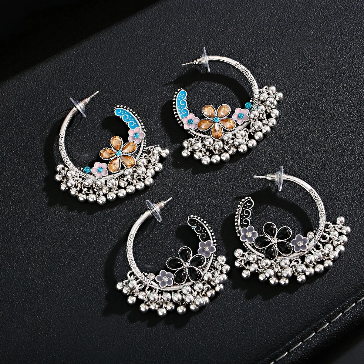 Vintage Drop Beads Flower Crystal Earrings For Women Bohemian Afghan Vintage Round Silver Turkey Stud Earrings Indian Jewelry