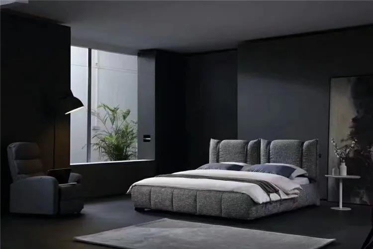 SUNSGOODS modern luxury bedroom furniture upholstered real leather italian bed with extended headboard king size leather bed