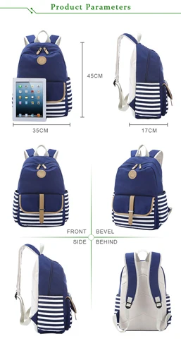 Blue Casual Canvas Backpack School Bag For Daily Use,School Life And More With Cute Stripe Patterns