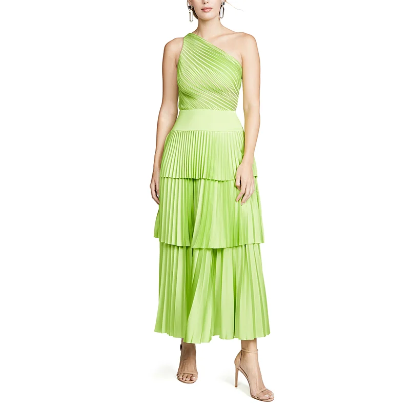 Sexy Neon Green Chiffon  One Shoulder  Slope Neck  Pleated  Layered Party  Dress Women