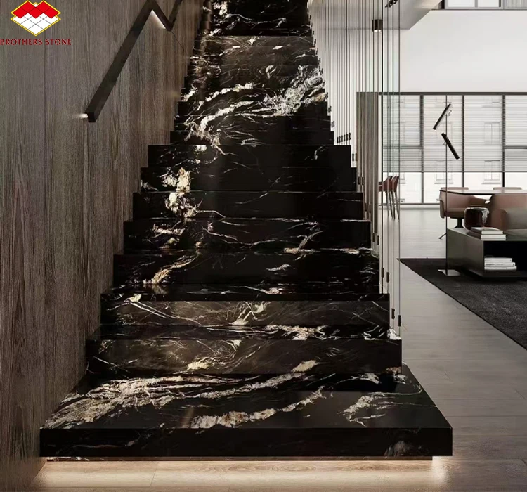 Modern Natural Black Gold Marble Stone Stair Steps Tile High Quality Cheap Price Black and Gold Marble Kitchen Countertop