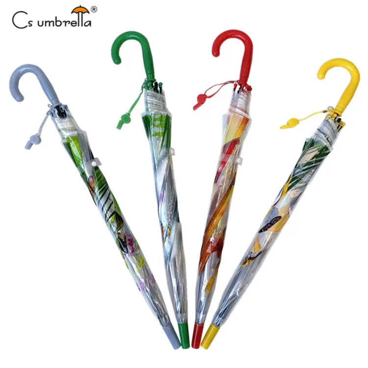 YS-6020 Manufacturer Supply Clear Kids Umbrella Lovely Animal Printing Straight Transparent POE Children Umbrella With Whistle