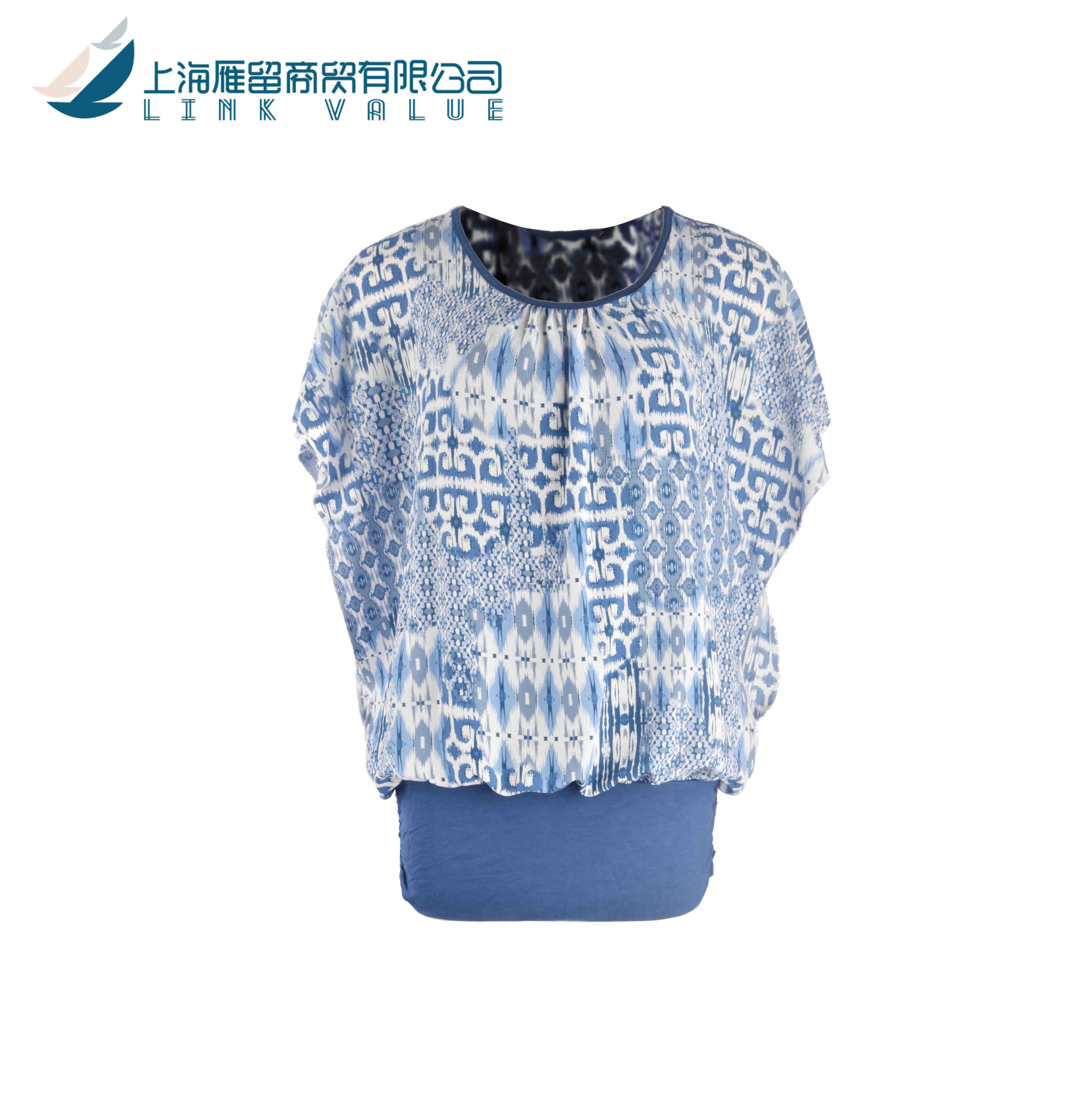 Wholesale Women Blue And White Pattern Corset Chiffon Long Sleeved Blouse