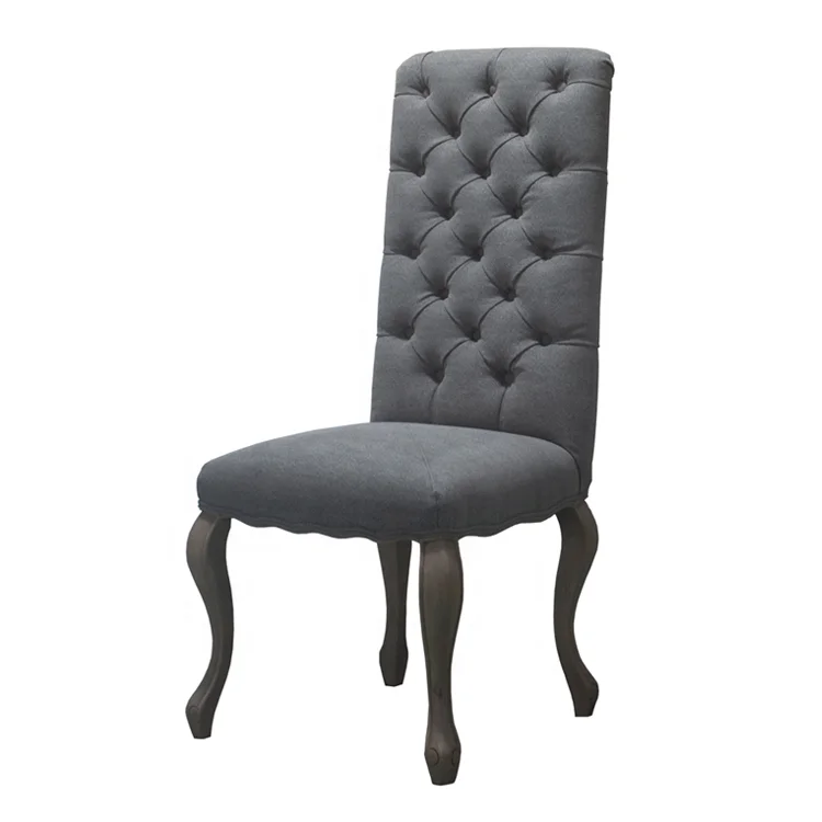 French Style Linen Button Tufted Oak Wood Dining Chair P0070-1