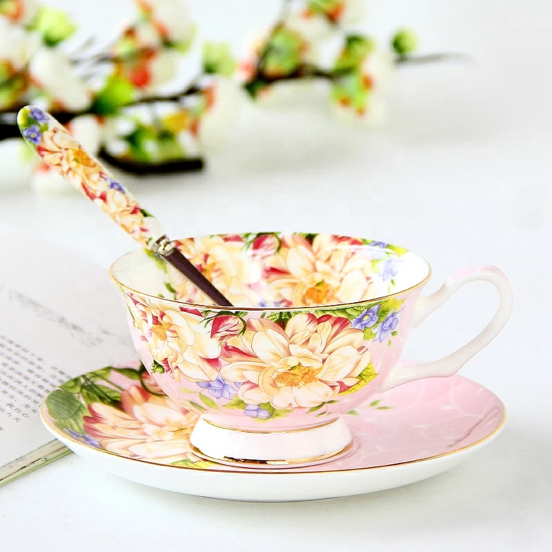 Luxury Thin Delicate Translucent Light Weight Bone China Floral Ceramic Tea Cup And Saucer Set