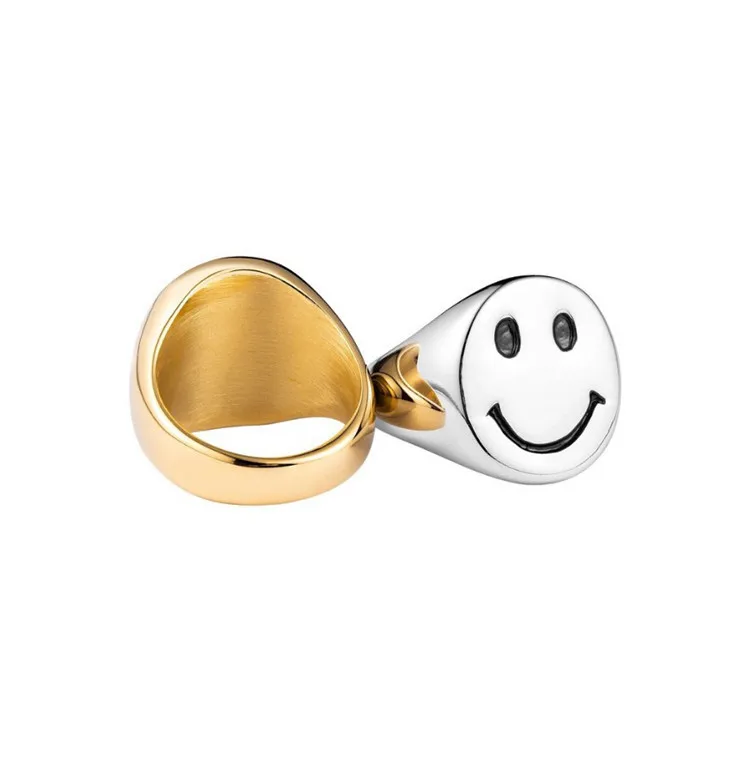  Streetwear Stainless Steel Smiley Face Ring Chunky Gold Silver