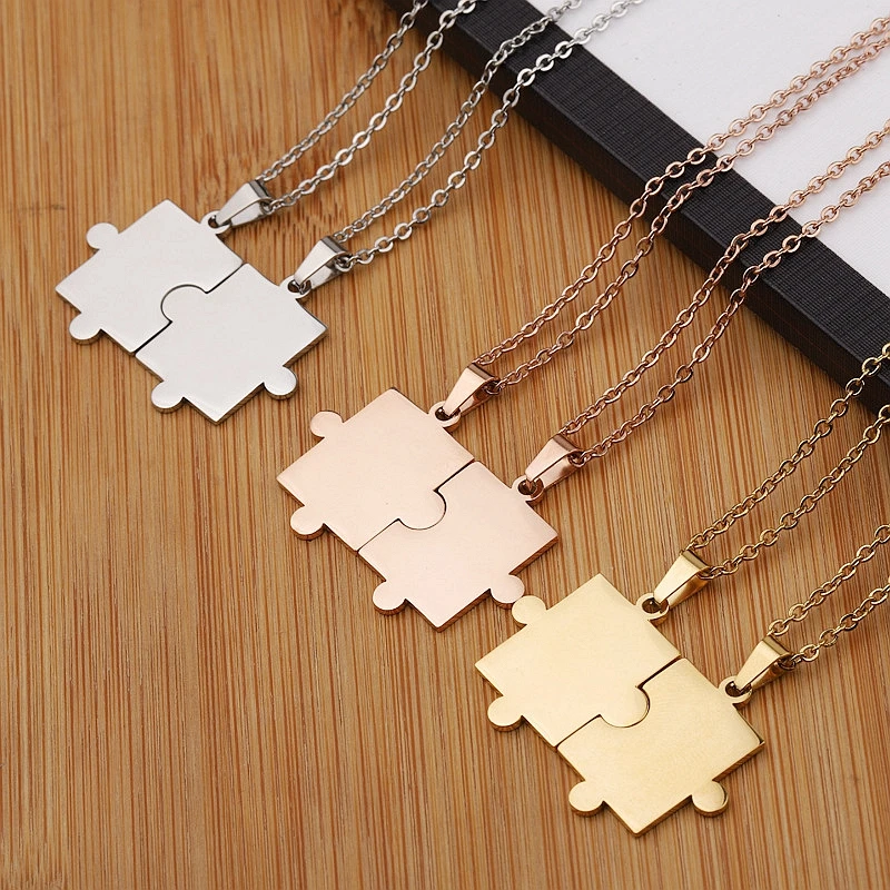 Couple Necklace Custom Engrave Puzzle Necklace Polished Stainless Steel Couple Jewelry Matching Friendship Necklace