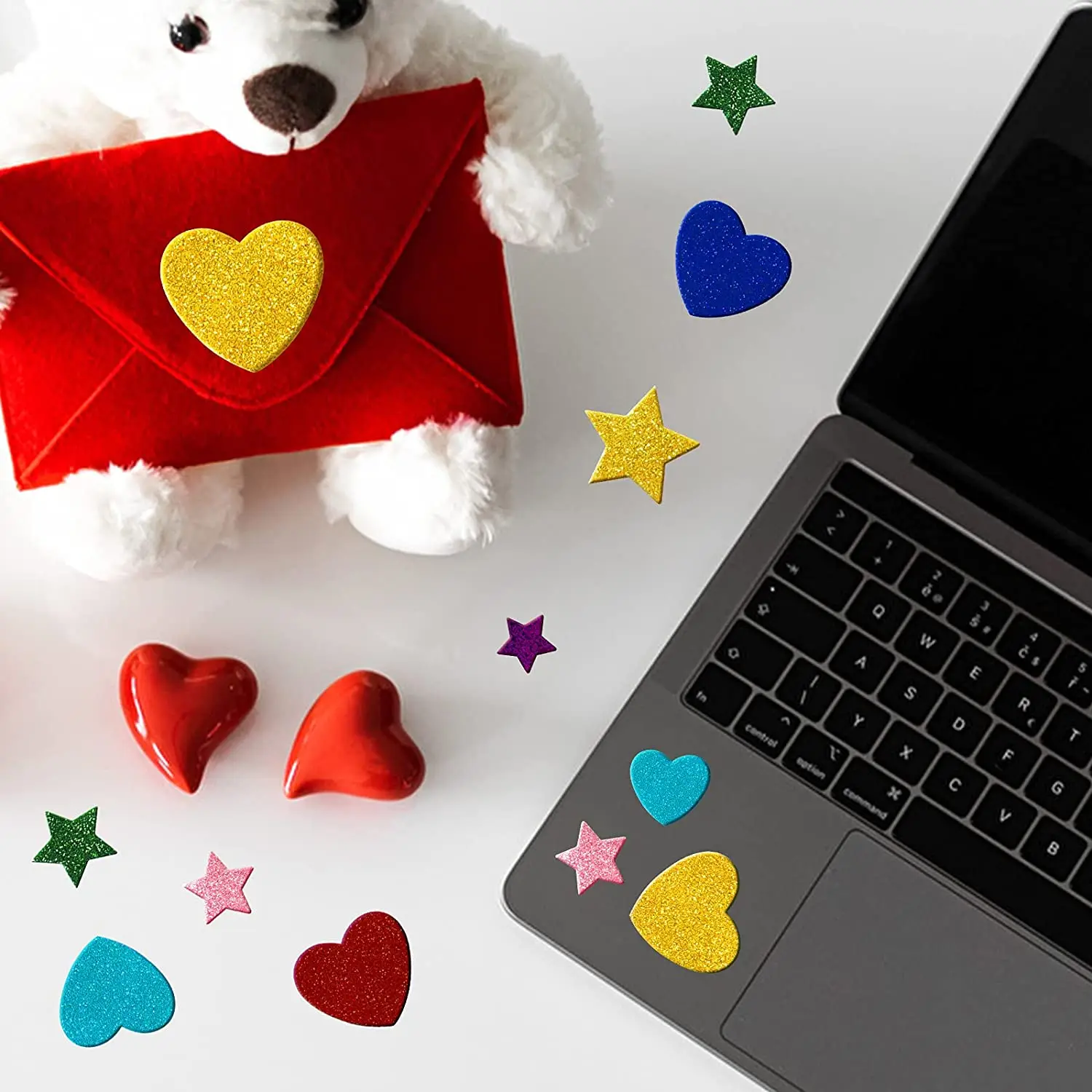 Custom Colorful Glitter Foam Stickers Self Adhesive Stars Mini Heart Shapes Glitter Stickers