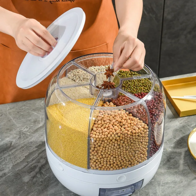 Best Selling Rice Dispenser Kitchen Moisture-Proof 6-Grid Rotating Food Grain Dispenser Cereal Storage Box Rice Dispen