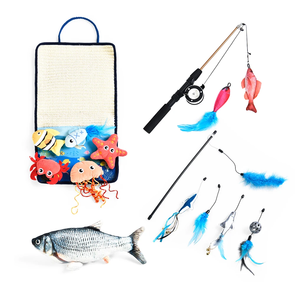 Funny Cat Stick Teaser Cat Scratcher Board Electric Fish Plush Toy 14 Pcs Cat Toy Set