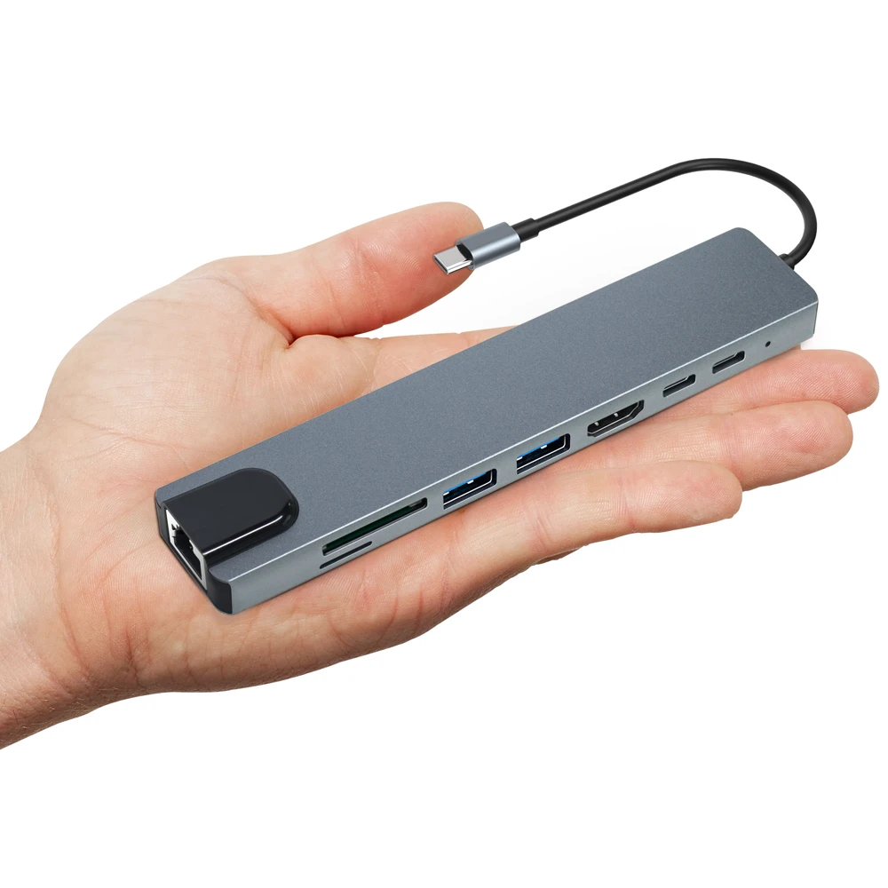High quality 8 in 1 Type-C Hub Multiport Dock Station with 4K HDMI USB3.0 RJ45 SDTF USB-C PD Charging Adapter 8 ports USB C Hubs