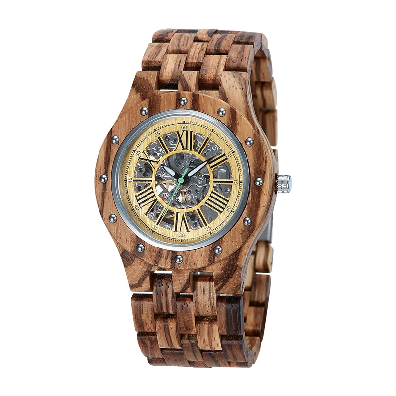 SOPEWOD Fashion Custom Logo Natural Wood Skeleton Automatic Mechanical Wood Wrist Watch