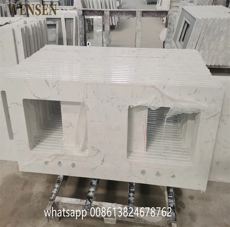 Artificial White Marble Kitchen Countertop Double Sink Bathroom Vanity With Quartz Counter Top