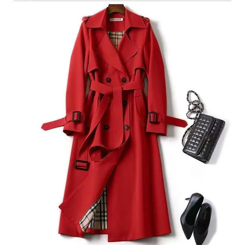 2024 Elegant Light Fashion Korean Style Mid-Length Trench Coat Women Waterproof Belted Overcoat Bow Collar Pattern Spring Autumn